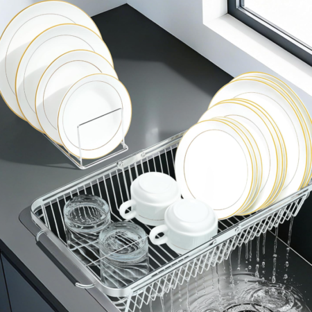 2-in-1 extendable sink drain rack, household dish and tableware storage rack, multi-functional kitchen countertop organizer