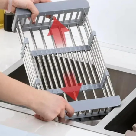 Extended extendable stainless steel sink drain rack, large capacity dish, fruit, and vegetable storage basket, kitchen countertop storage basket